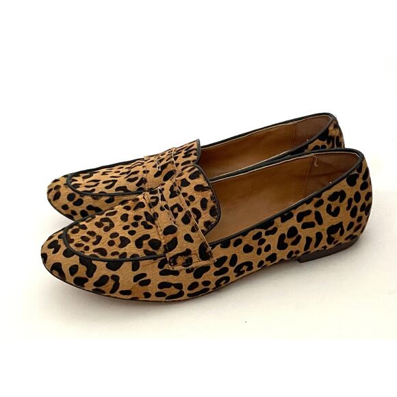 J. Crew Animal Print Leopard Leather Penny Flats Loafers Tan Black Size 7 - Picture 3 of 9